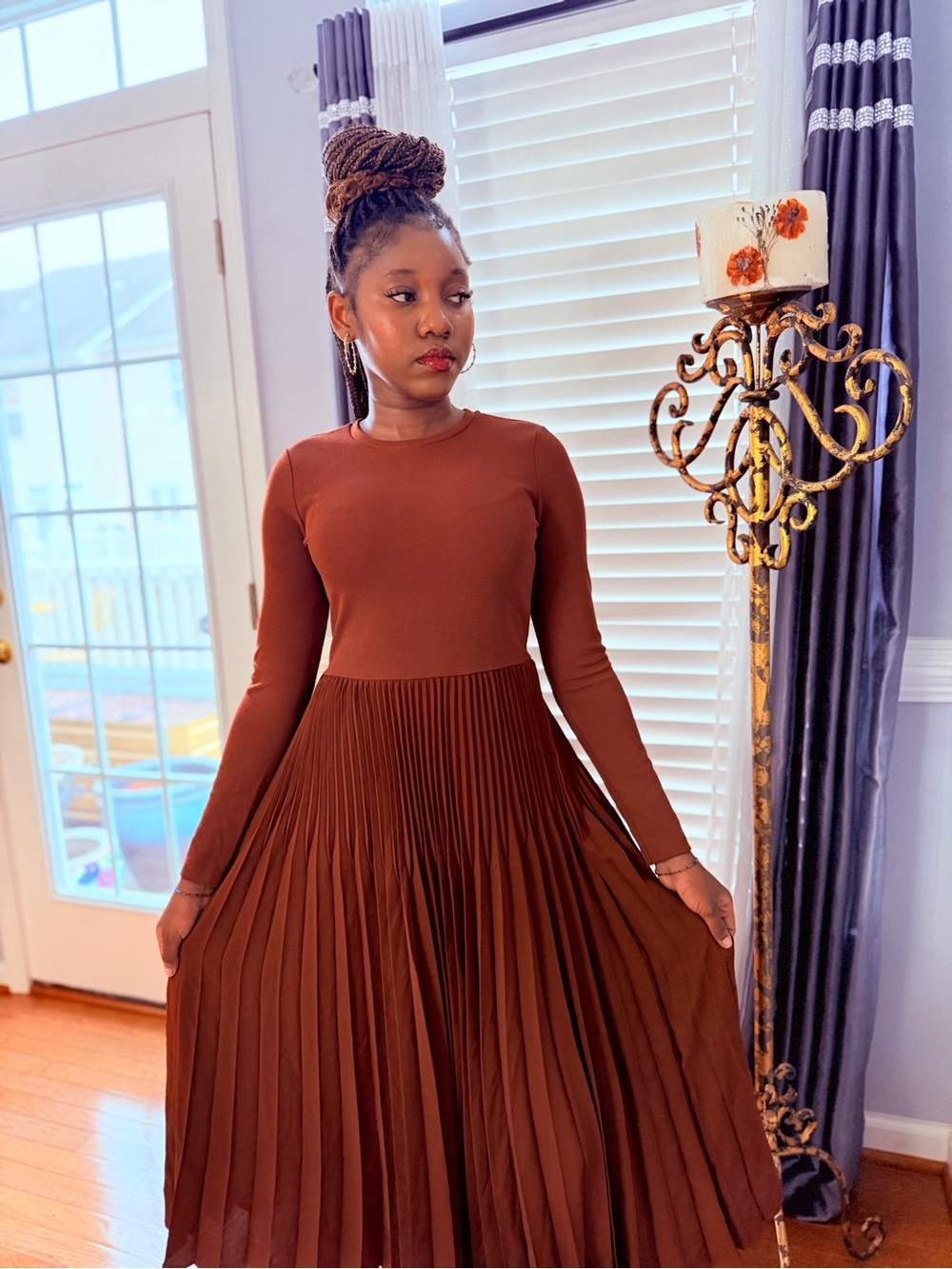 Hand Crafted Rust Pleated Long-Sleeve Midi Dress